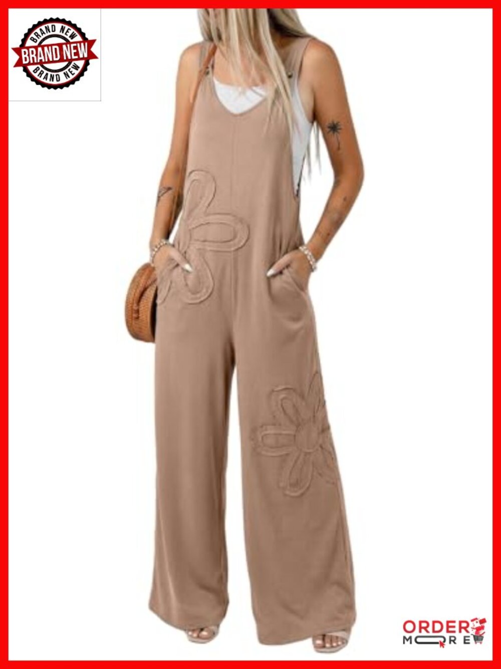 Sleeveless Wide Leg Jumpsuit with Pockets, Floral Applique, Loose Fit,